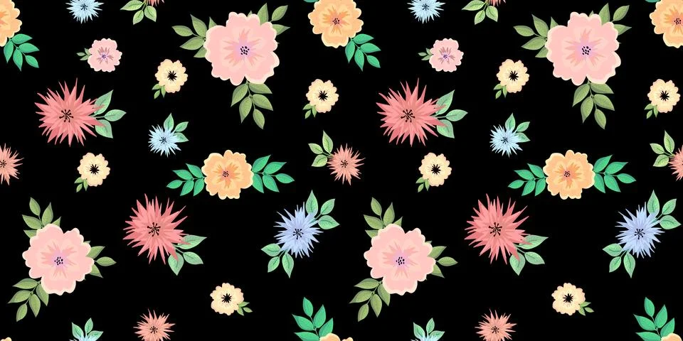 Flowers pattern black background Illustrazione stock