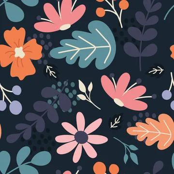 Flowers, plants, berries. Vector seamless pattern in flat style Stock Illustration