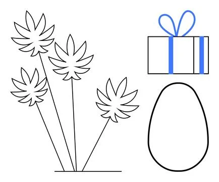 Flowers with pointed petals, rectangular gift with bow, and oval egg. Ideal f Stock Illustration
