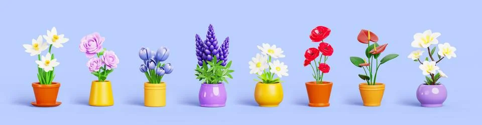 Flowers in pot cartoon 3d render icon set. Flowerpot with plumeria tree, rose Stock Illustration