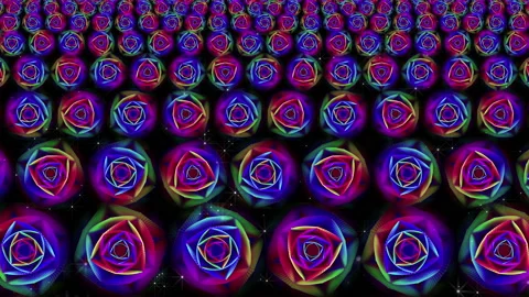 Flowers with rainbow petals. Flying polygonal multicolored flowers in Stock Footage