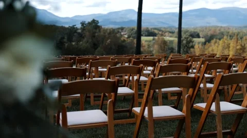 Flowers Reveal Empty Seating Chairs Wedding Venue Ceremony Stock Footage 142472976