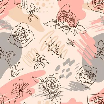 Flowers roses line pattern. Line illustrations with blots. pencil drawing on  Stock Illustration