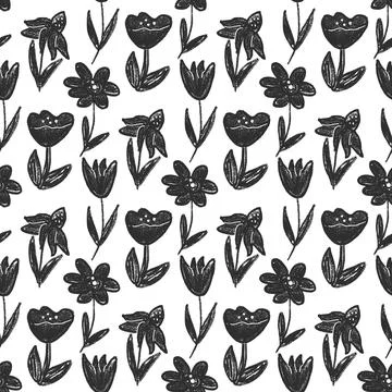 Flowers seamless pattern. Black and white floral stencil allover background. Stock Illustration