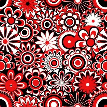 Flowers on seamless pattern in black, white and red Stock Illustration