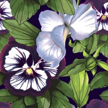Flowers Seamless Pattern composed of watercolor violas on dark background Illustrazione stock