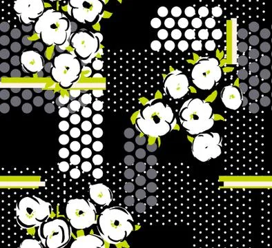 Flowers seamless pattern with dots and lines on dark background Stock Illustration