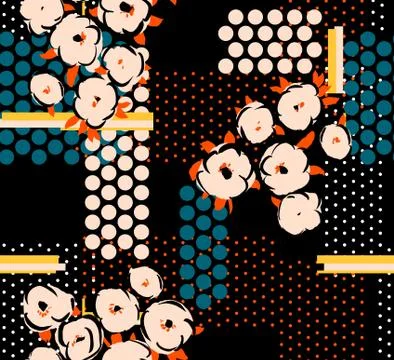 Flowers seamless pattern with dots and lines on dark background Stock Illustration