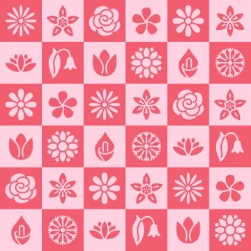 Flowers seamless pattern with flat glyph icons. Floral background beautiful Stock Illustration