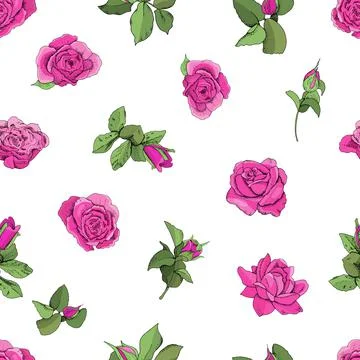 Flowers seamless pattern isolated on white background. Vector hand drawn illu Illustrazione stock
