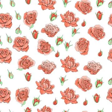 Flowers seamless pattern. Vector hand drawn illustration of roses. For textil Stock Illustration