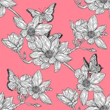 Flowers Seamless Pattern in White Background. Line  Magnolia Illustrations. Stock Illustration
