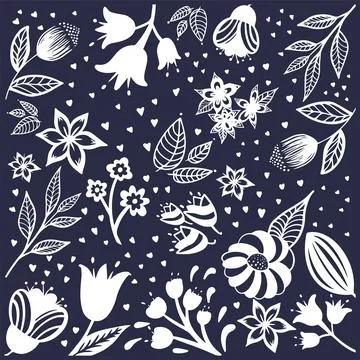 Flowers seamless pattern. White silhouettes flowers, leafs, branches on dar.. Stock Illustration