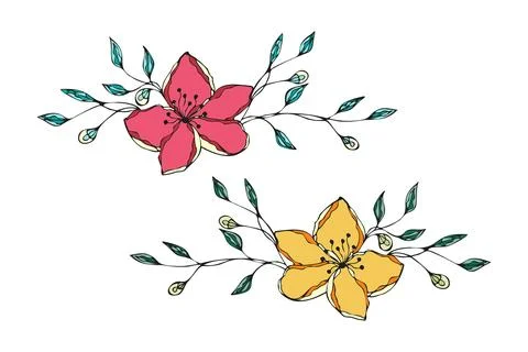 Flowers set doodle hand drawn, floral ornament yellow and pink red color. Stock Illustration