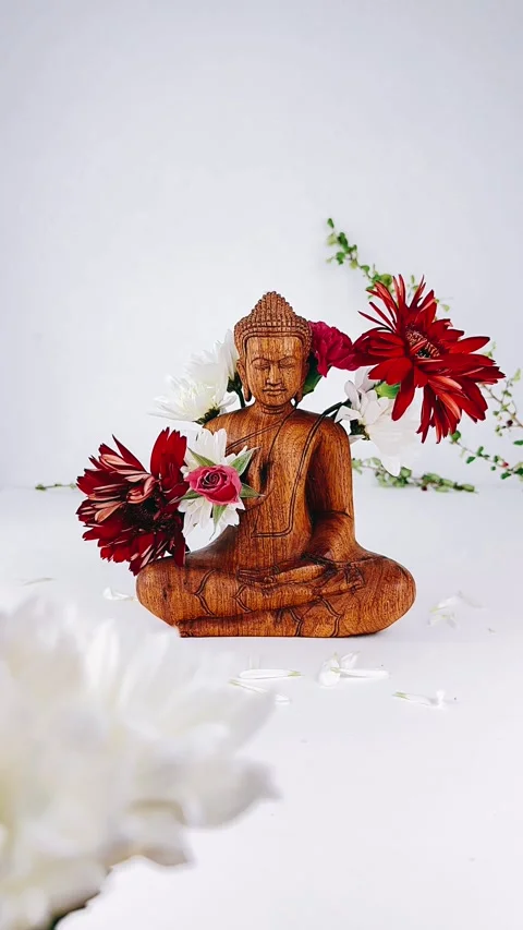 Flowers, studio, statue, buddha statue, spiritual, flower and buddah, Video stock 245859850