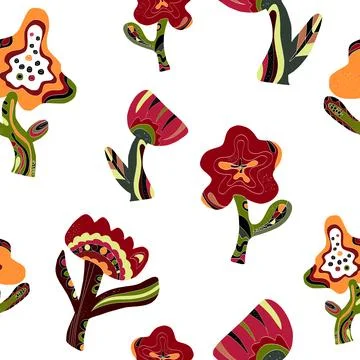Flowers stylized folk art elements Vector seamless overlapping pattern Illustrazione stock