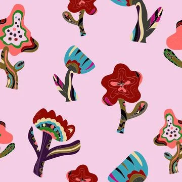 Flowers stylized folk art elements Vector seamless overlapping pattern Stock Illustration