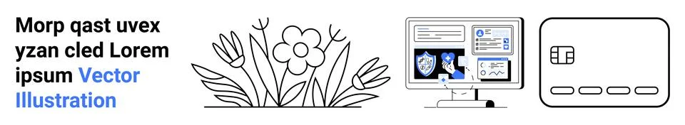 Flowers surrounded by leaves, a computer screen with security icons and graph Stock-Illustration