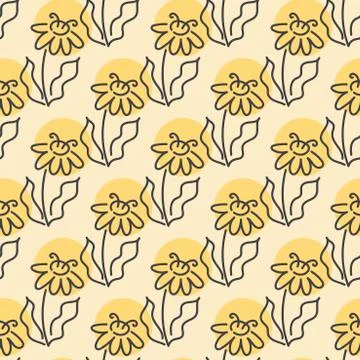 Flowers texture vector seamless background. Hand drawn Outline drawing. Stock Illustration