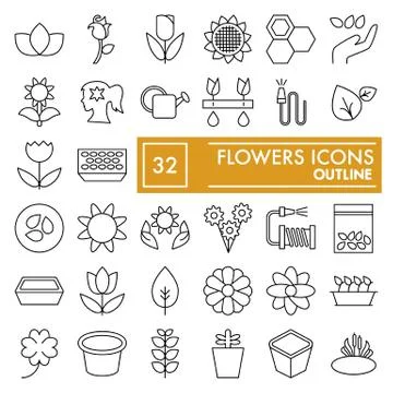 Flowers thin line icon set, gardening symbols collection, vector sketches, logo Stock Illustration