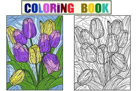 Flowers tulips example. Set Color and coloring book antistress and adults. Zen Stock Illustration