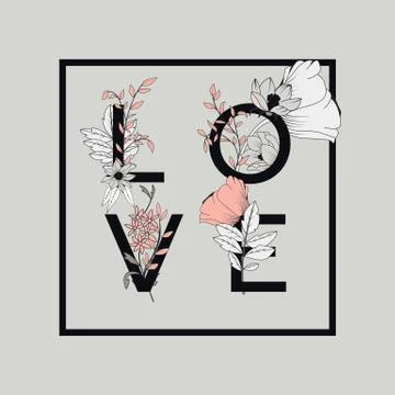 Flowers typography poster design, text and florals combined, hand drawn bot.. Stock Illustration