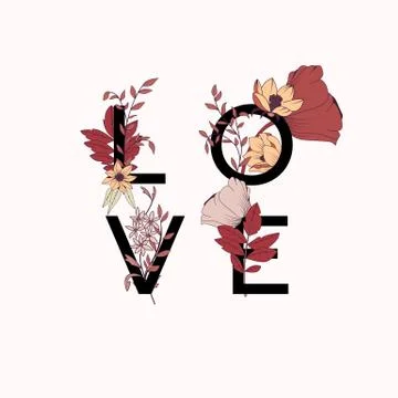 Flowers typography poster design, text and florals combined, hand drawn bot.. Stock Illustration