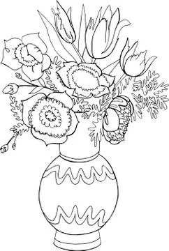 Flowers in vase Vector hand drawn still-life with flowers isolated on white b Stock Illustration
