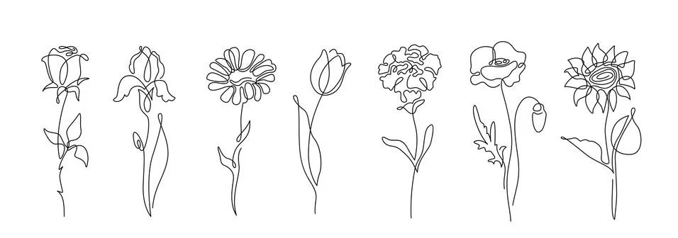 Flowers vector set illustration in simple minimal continuous outline line style Stock Illustration