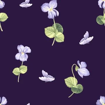 Flowers Violet Seamless pattern Dark background. Watercolor garden pansy. Hand 스톡 일러스트