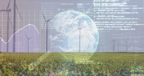 Flowers, wind turbines rotating, globe fading, pulsing charts, scrolling code Stock Footage 309688274