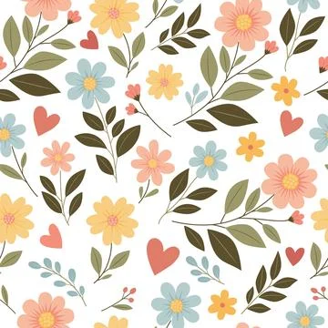 A flowery seamless pattern with hearts and leaves Stock Illustration