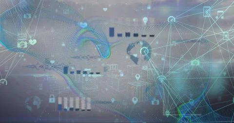 Flowing 3D mesh wave and node network animating virtual canvas, showing location Stock Photos