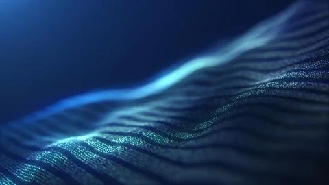 Flowing abstract digital wave made of glowing dots and lines in blue tones... Stockillustratie