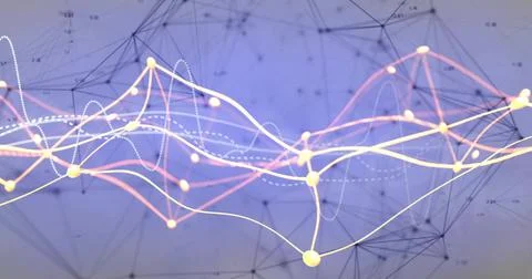 Flowing abstract network moving across purple-blue gradient, with glowing Stock Illustration