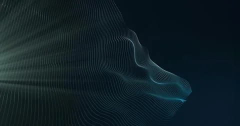 Flowing abstract wireframe mesh undulating across navy gradient backdrop, with 写真素材