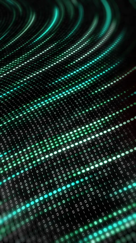 Flowing and twisting light stripes with green dots and binary code abstract Stock Footage 274436607