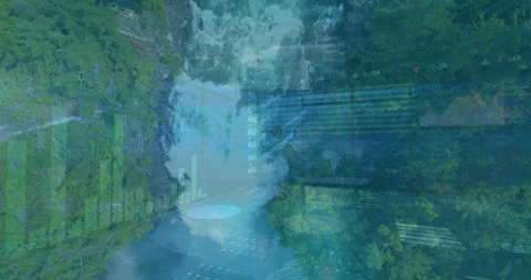 Flowing animation of waterfall over digital charts and graphs in lush forest Stock Footage 306214006