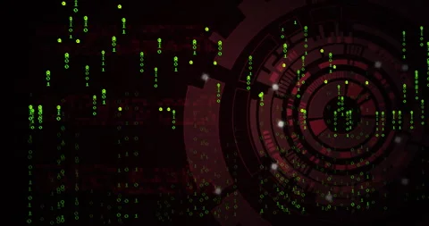 Flowing binary code in animation over red digital interface with circular 库存影片 304077635