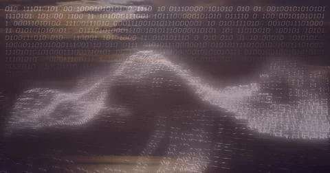 Flowing binary code ribbon undulating across cyberspace, with glowing streams Stock Photos
