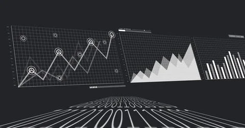 Flowing binary digit stream curving toward data panel with line markers, area Stock Illustration
