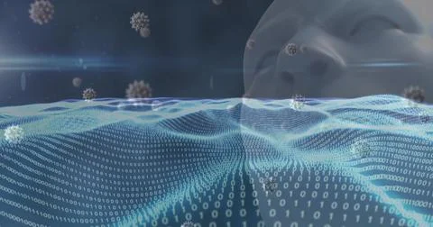 Flowing binary mesh waves forming data ocean, with viral spheres and ghostly 스톡 일러스트