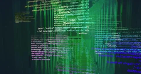 Flowing binary streams with source blocks drifting through digital matrix, 스톡 일러스트