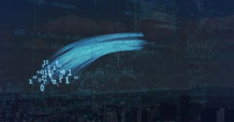 Flowing blue brush-stroke data trail with binary clusters across nighttime city 库存照片