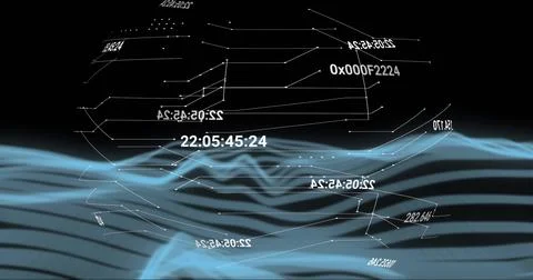 Flowing blue layered waveform moving across data void, showing wireframe nodes 스톡 일러스트
