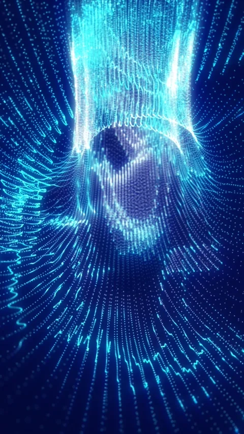 Flowing blue particle lines form a luminous tunnel-like structure with a da.. Stock Footage 337908074