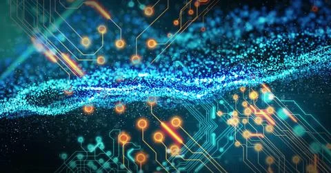 Flowing blue particle wave across digital grid with neon orange circuit nodes Stock Illustration