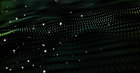 Flowing centered green teal dotted matrix moving across digital field, with Stock Illustration