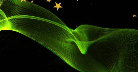 Flowing centered luminous green dotted mesh ribbon undulating across dark field, Stock Illustration
