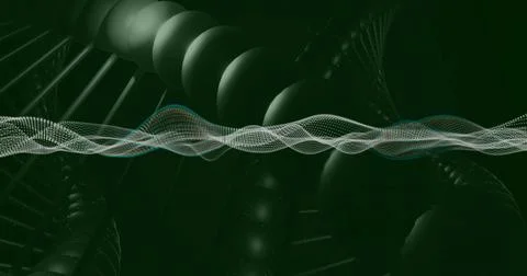 Flowing central dotted waveform crossing dark green 3D scene, showing helical Stock Illustration